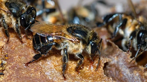 Abelha Uruçu-Boi (Melipona fuliginosa) sobre estruturas de uma colônia, mostrando corpo escuro, pilosidade e asas translúcidas.