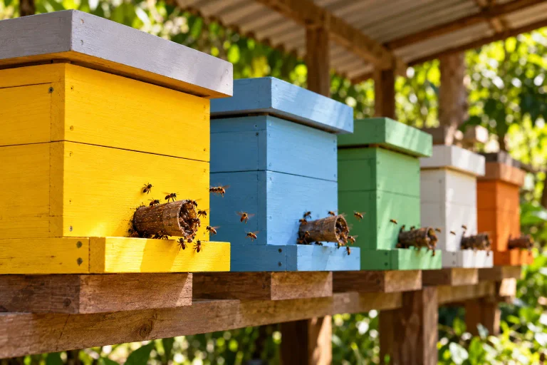 Caixas de abelhas sem ferrão pintadas de amarelo, azul, verde, branco e laranja, organizadas em um meliponário coberto.
