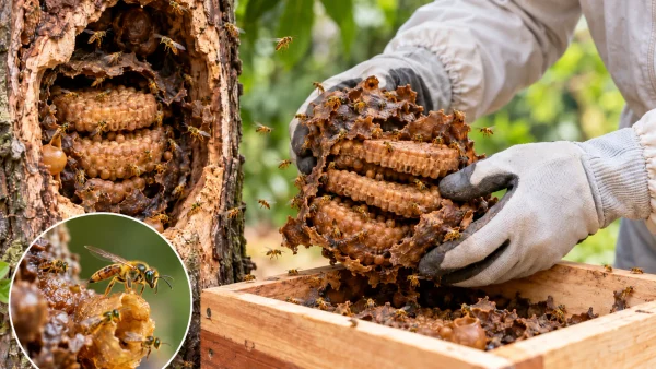 Meliponicultor resgatando uma colônia de abelhas Jataí de um tronco de árvore e transferindo os discos de cria para uma caixa de madeira.